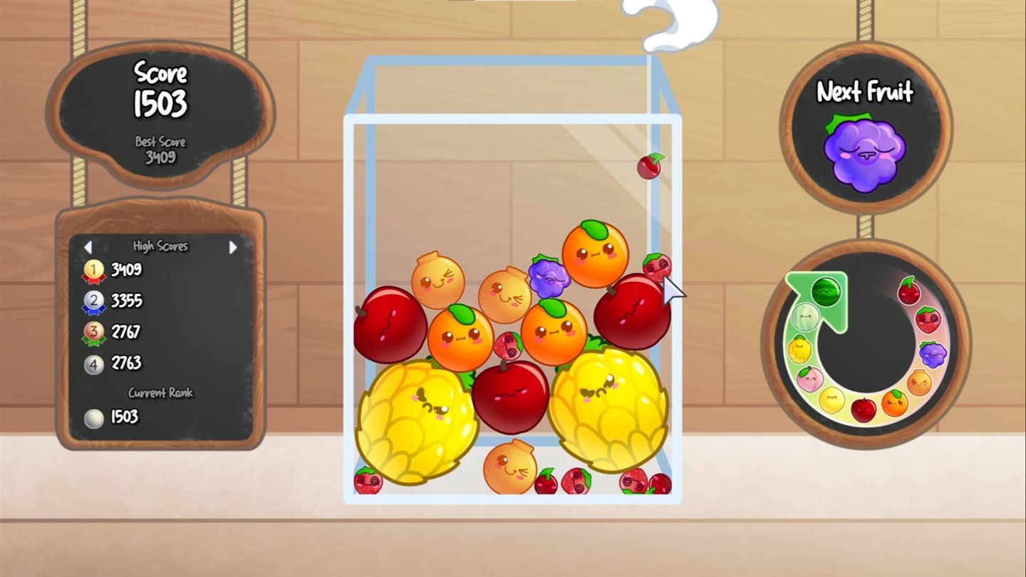 Fruit in a glass container with score and next fruit panels