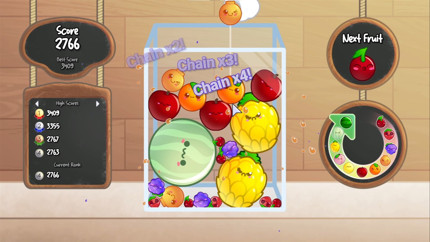 Chain merge bonuses above a container full of fruit