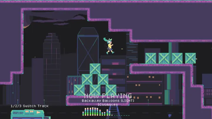 Dropman title art featuring Lyric in the neon streets of Retropolis