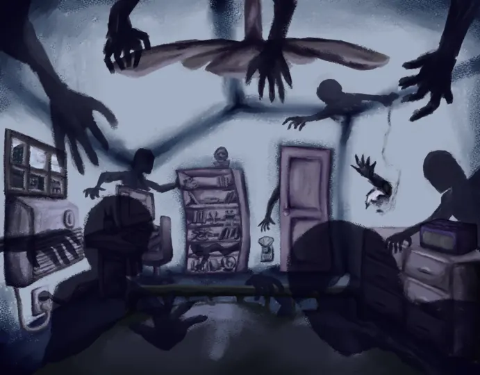 Dark title art for While You Sleep with a shadowy figure at a bedroom door